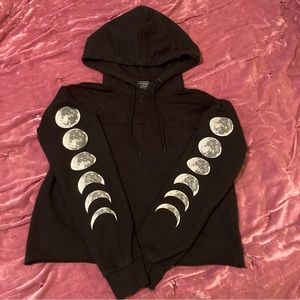 Black Moon Phase Mesh & Cotton Cropped Hoodie by Midnight Hour